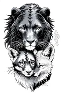 a black panther protecting a lioness, bear cub and baby fox  tattoo design idea