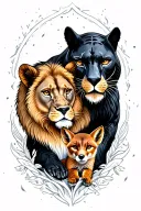 a black panther protecting a lioness, bear cub and baby fox  tattoo design idea