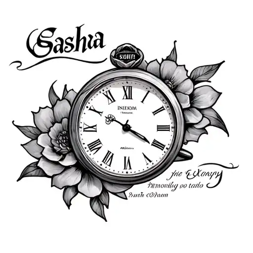 memoriam tattoo with a timepiece Sasha name tattoo design idea