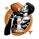 university of Texas football field with the "hook em" logo and a man kissing this championship football trophy  tattoo design idea