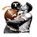 university of Texas football field with the "hook em" logo and a man kissing this championship football trophy  tattoo design idea