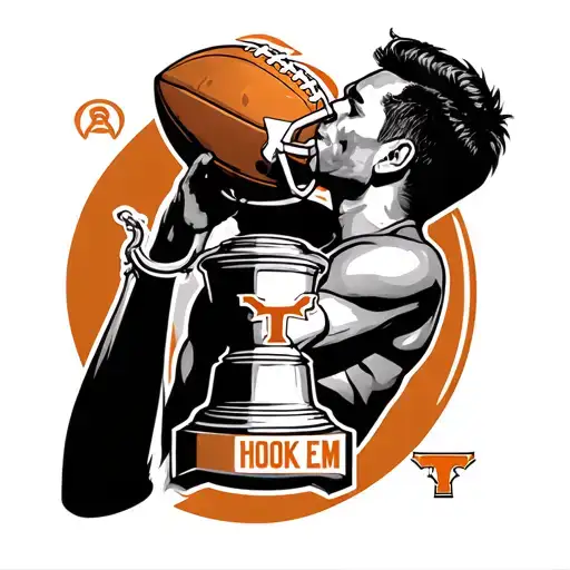 university of Texas football field with the "hook em" logo and a man kissing this championship football trophy  tattoo design idea