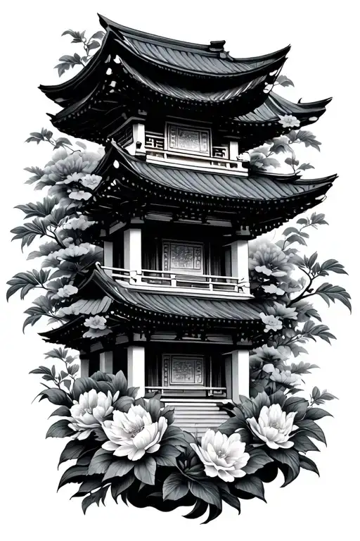 floral Japanese temple tattoo design idea