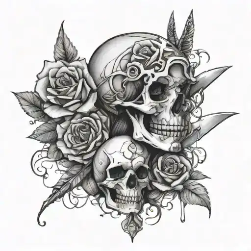 skulls, roses and a pretty woman holding a knife with blood on it. tattoo design idea