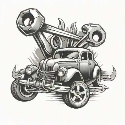 car with wrenches crossed tattoo design idea