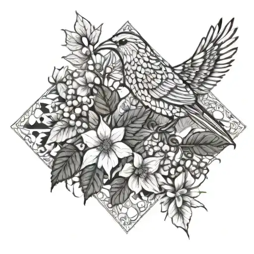 A crossword puzzle grid with each square containing a different bird species and a poinsettia pattern border tattoo design idea