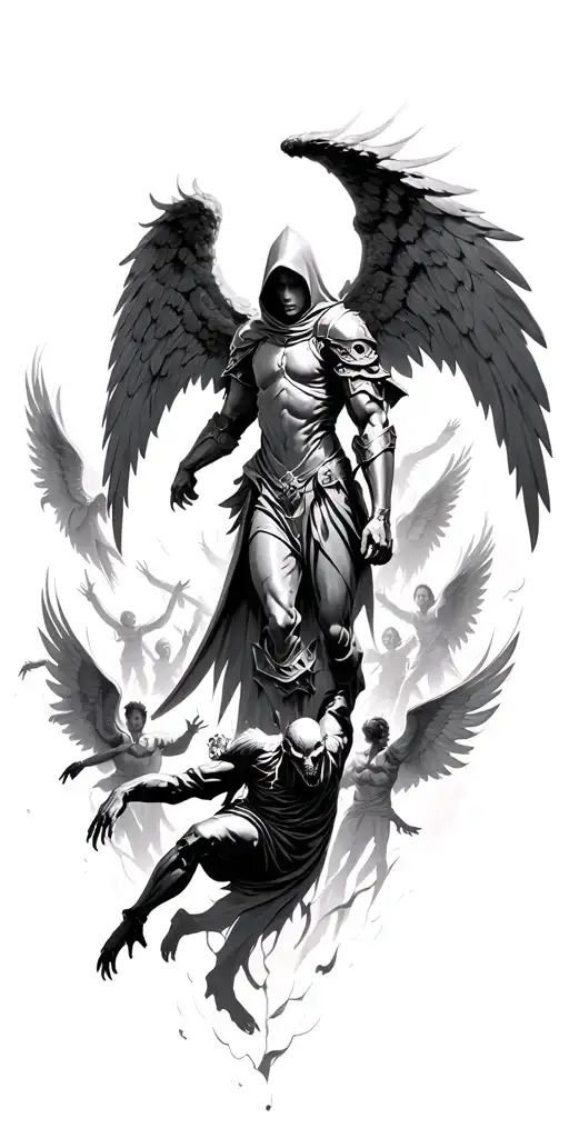 Hooded arc angel with armor  flying down to defeat a demon with angels in the background tattoo design idea