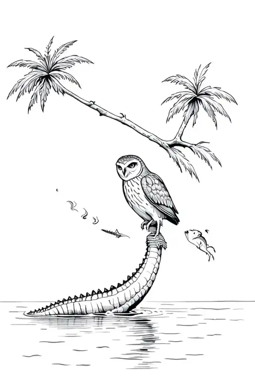 owl perched on a palm tree, alligator is jumping out of the water trying to eat it tattoo design idea