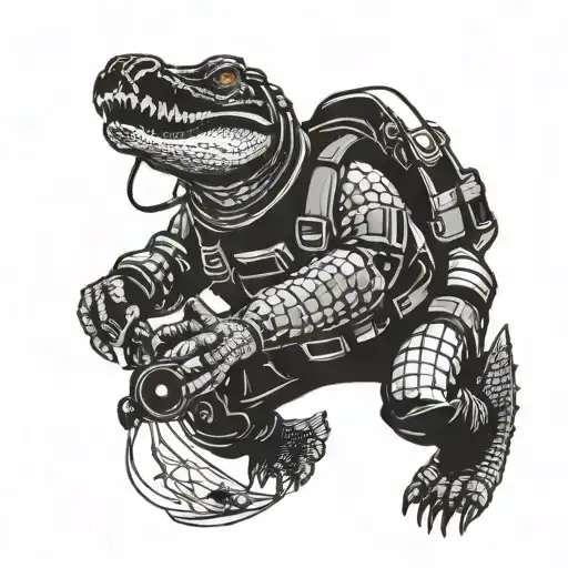 Alligator under parachute while skydiving holding a gun with night vision goggles tattoo design idea