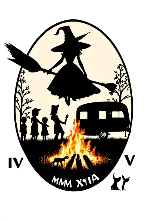 "IV V MMXIV" silhouette of busty sexy witch bride on broomstick over a campsite with a trailer and campfire with children & dog tattoo design idea