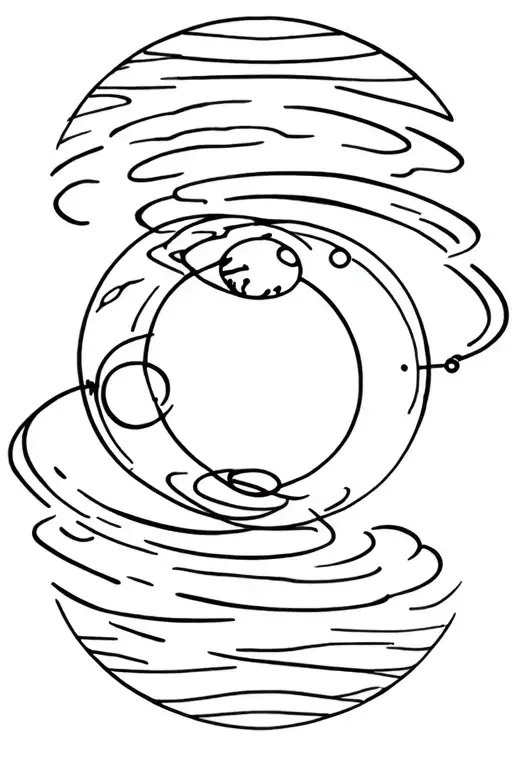 Planet Earth with the moon in orbit. Art showing gravitational waves between the two planets. A string connecting them. tattoo design idea
