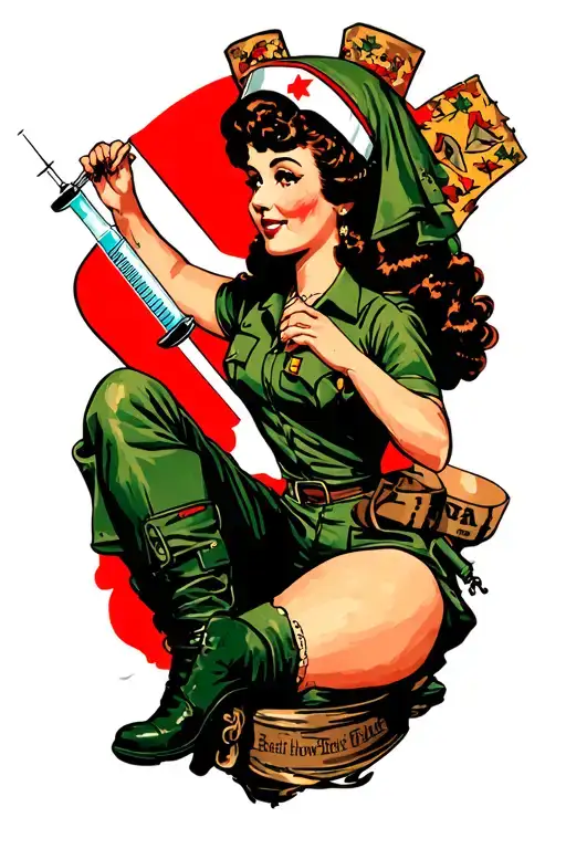 Old school military nurse pinup girl riding a syringe tattoo design idea