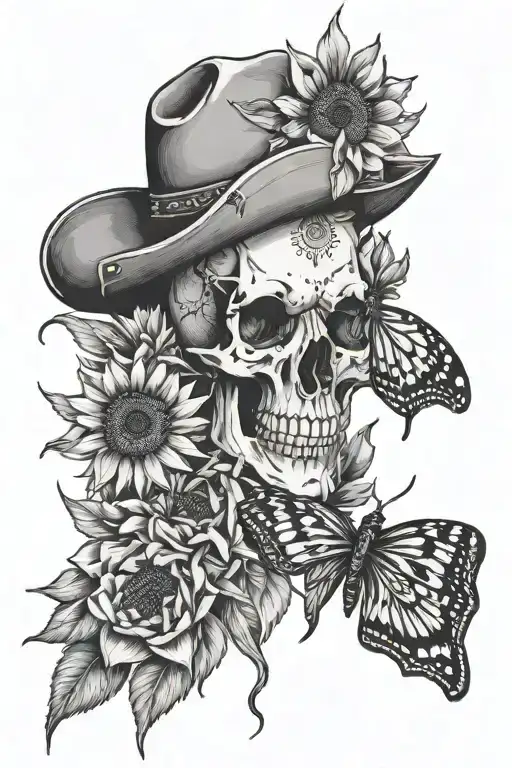 mountain cactus sunflower cowgirl cow skull butterfly  tattoo design idea