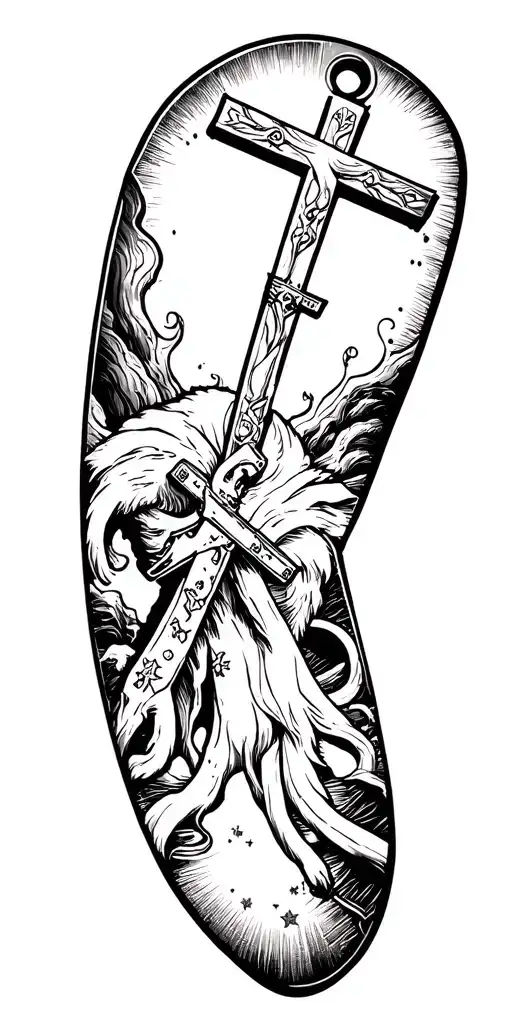 Christanity and dogtag military theme sleeve tattoo tattoo design idea