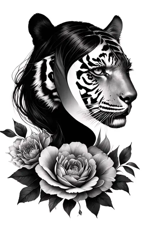 floral half tiger half women face morphing tattoo design idea