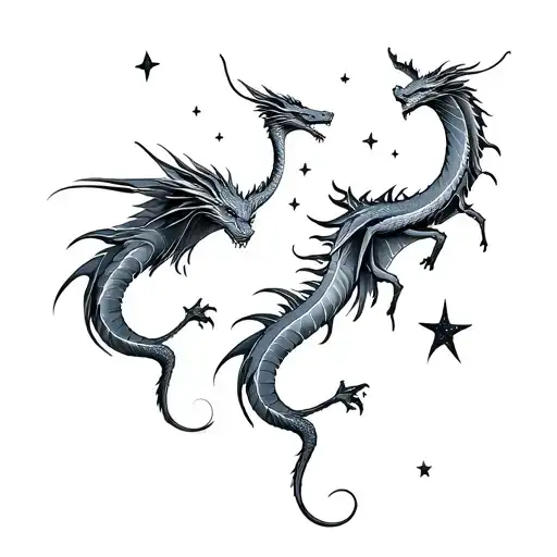 three dragons, minimalist, fine-line, in flight curved together with some stars tattoo design idea