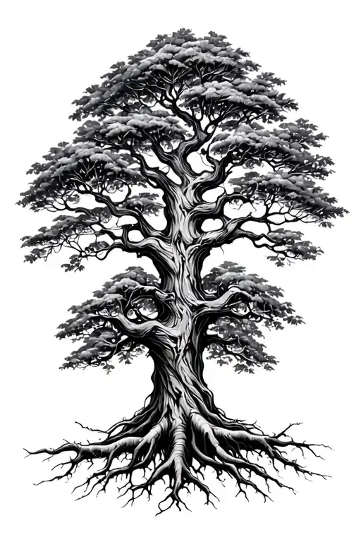 blackwork tree tattoo with deep, strong roots, symbol of strength and resilience, vertical design, bold clean lines, det tattoo design idea