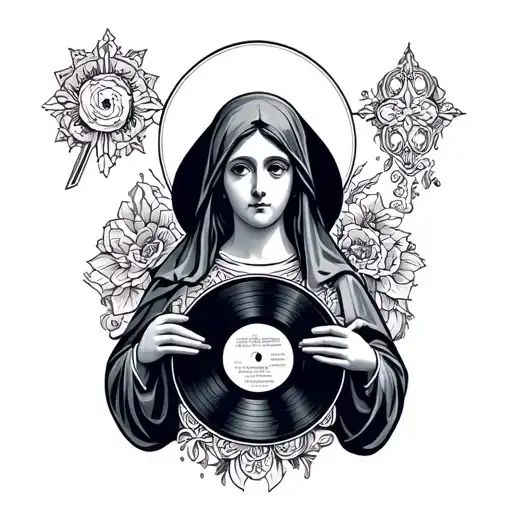a Catholic virgin holding a vinyl record tattoo design idea