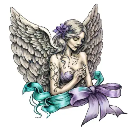 Broken angel with teal and purple ribbon tattoo design idea
