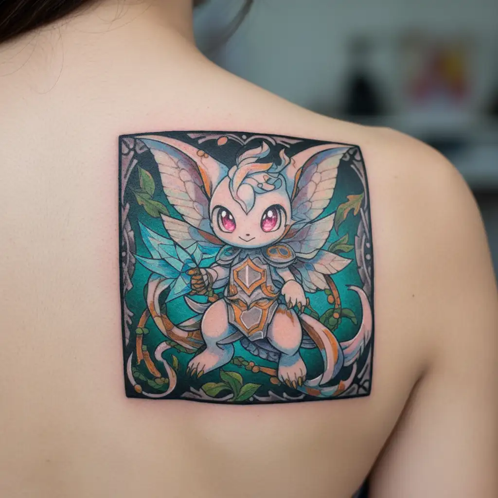 Mew pokemon with fairy wings, wearing ice armor holding fire swords. tattoo design idea