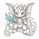 Mew pokemon with fairy wings, wearing ice armor holding fire swords. tattoo design idea