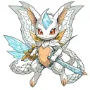 Mew pokemon with fairy wings, wearing ice armor holding fire swords. tattoo design idea