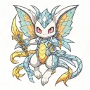 Mew pokemon with fairy wings, wearing ice armor holding fire swords. tattoo design idea