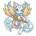 Mew pokemon with fairy wings, wearing ice armor holding fire swords. tattoo design idea