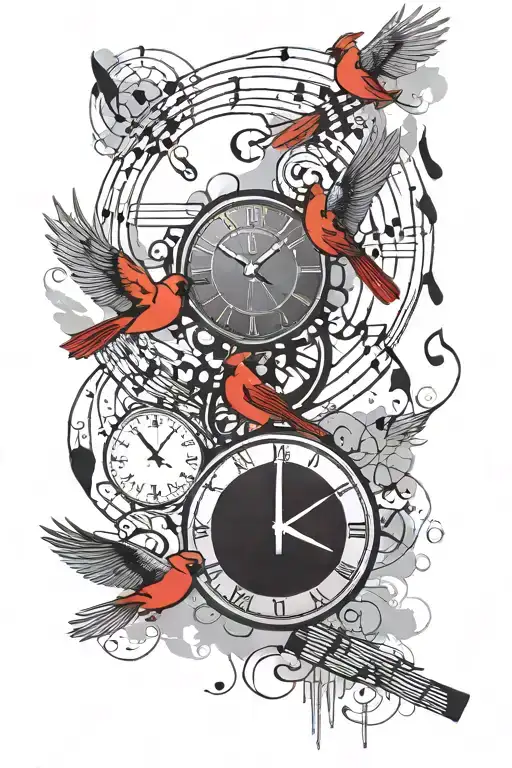 cardinals flying toward clock with clouds in the background and music notes  tattoo design idea