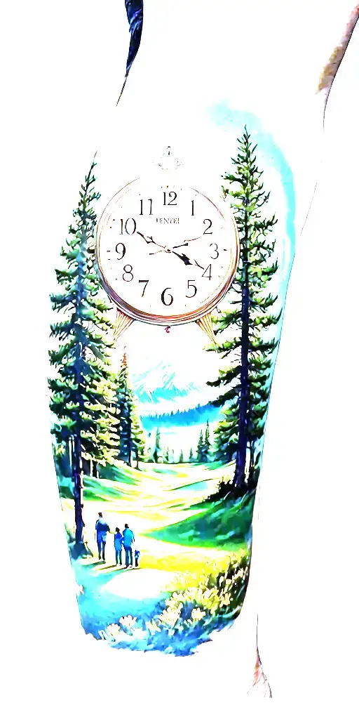 pine forest mountain scene and family on golf course and ansel adams and sun clock tattoo design idea