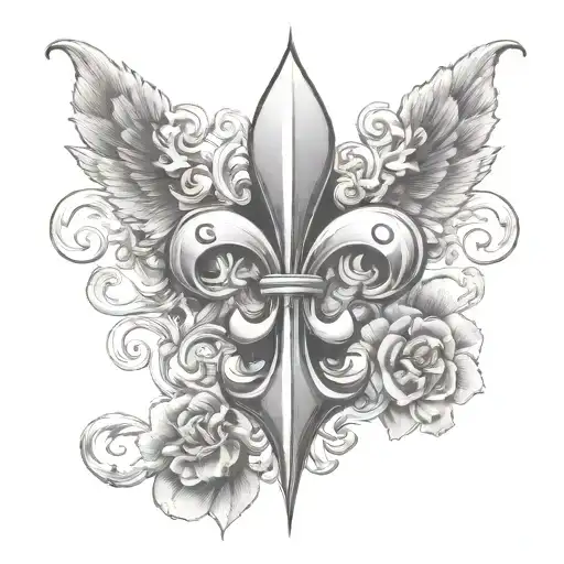 fleur de lis symbol surounded by 3 Angels who each has a gun,drugs and Money  tattoo design idea