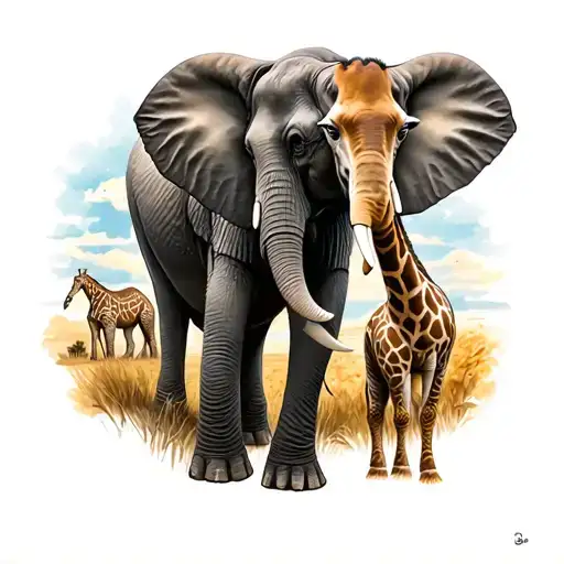 Elephant and giraffes in savannah tattoo design idea
