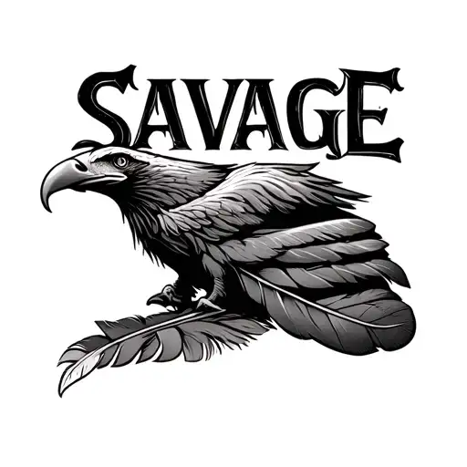 word SAVAGE with two single eagle feathers hanging tattoo design idea