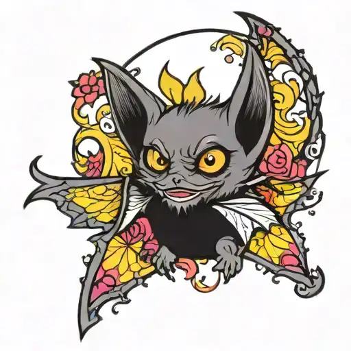 cute black and white bat surrounded by popping color tattoo design idea