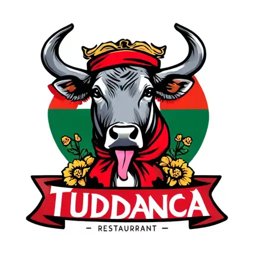 Logo of a restaurant called Tudanca, with a gray tudanca cow with the tongue outside, red scarf, Cantabria flag tattoo design idea