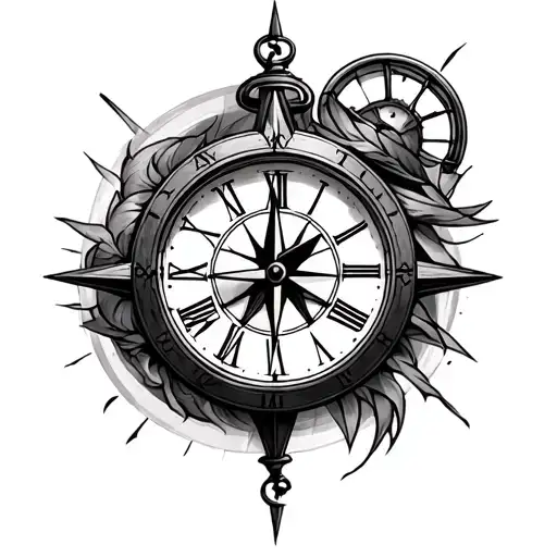 Clock and compass and clock tattoo design idea
