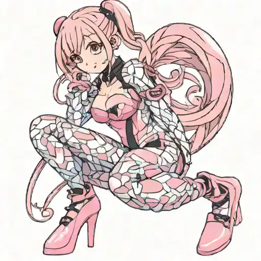 Sexy Girl, huge butt, big boobs, pink skin tight latex jumpsuit, pink eyes, pink really long pigtails, young small teen tattoo design idea