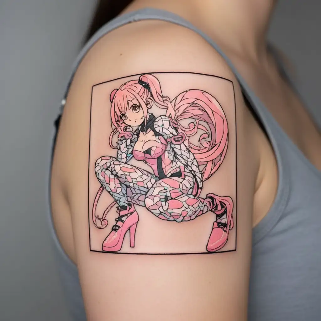 Sexy Girl, huge butt, big boobs, pink skin tight latex jumpsuit, pink eyes, pink really long pigtails, young small teen tattoo design idea