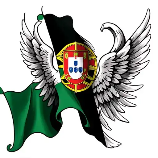 one angel wing spread out with a Portuguese flag intertwined tattoo design idea