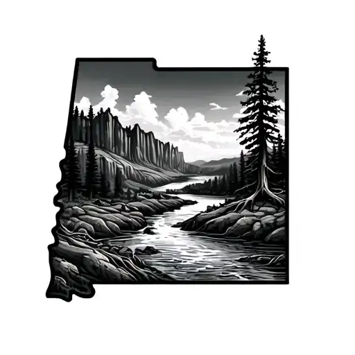 shape of Idaho with canyon, tree roots, river flowing tattoo design idea