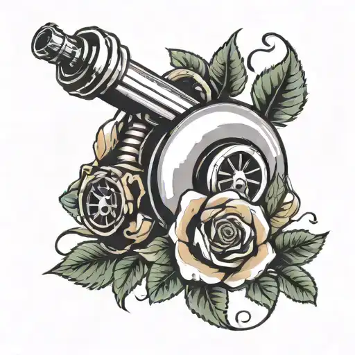 turbocharger with rose and tool tattoo design idea