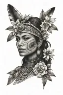 Mexican native American woman with flowers tattoo design idea