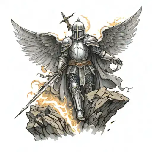 a knight with angel wings with one foot on top of a rock and a sword lifted to the sky with lightning in the background tattoo design idea