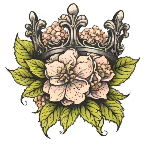one hydrangea flower blooming with a crown tattoo design idea