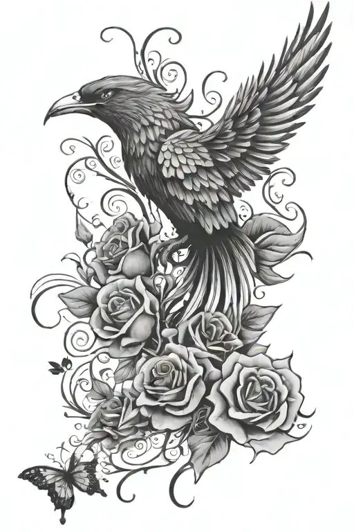 phoenix flying with roses and butterflies fluttering tattoo design idea