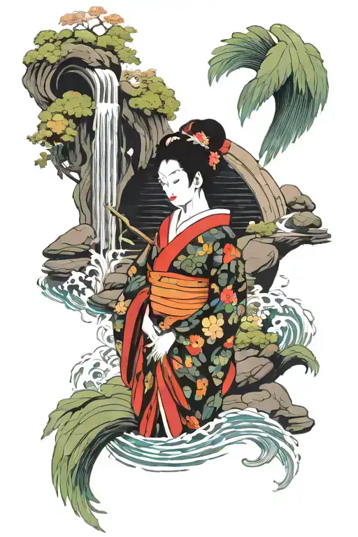 attractive geisha standing in koi pond with abstract scenery and waterfall tattoo design idea