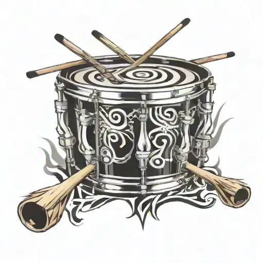 snare drum with sticks surrounded by tribal inspired tattoo tattoo design idea