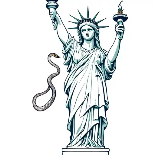 Statue of Liberty with half femine half skull face holding torch with snake wrapping around  tattoo design idea