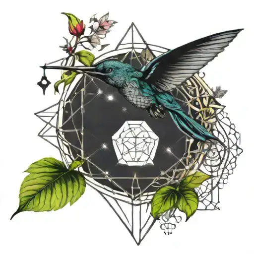 sacred geometry , humming bird, moon , tree ' IGY6' symbol tattoo design idea