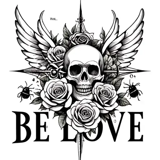 "BE LOVE " Incorporate a compass, roses, skull with wings anr lady bugs for late mother who passed tattoo design idea